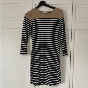 Monteau Black and White‎ Striped Dress with Tan Accents